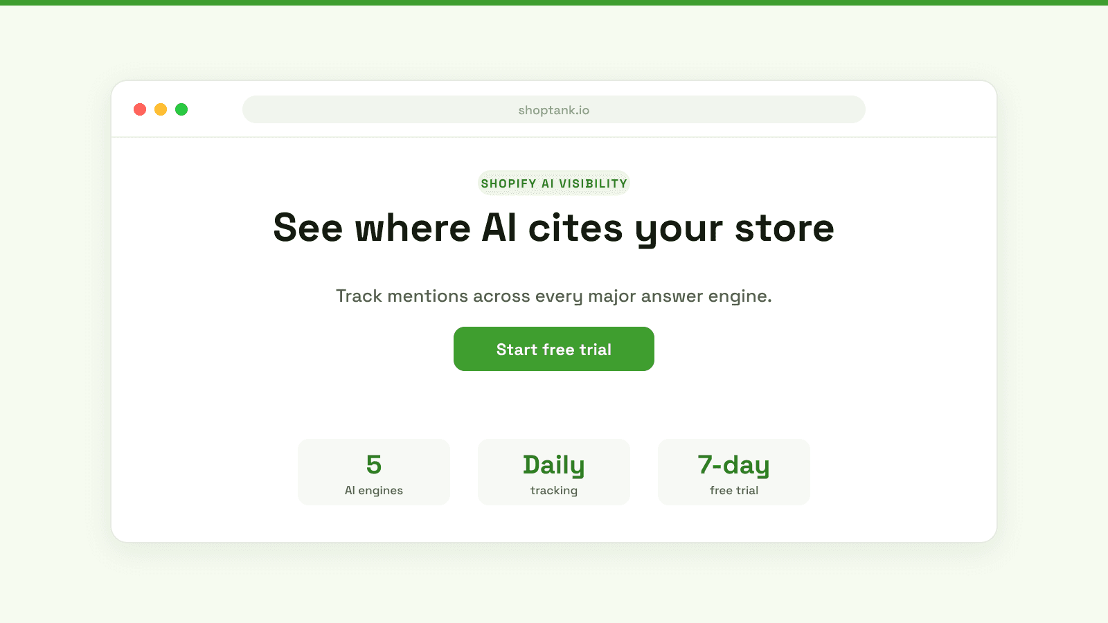 Shoptank shows where AI cites your store, tracking mentions across every major answer engine.