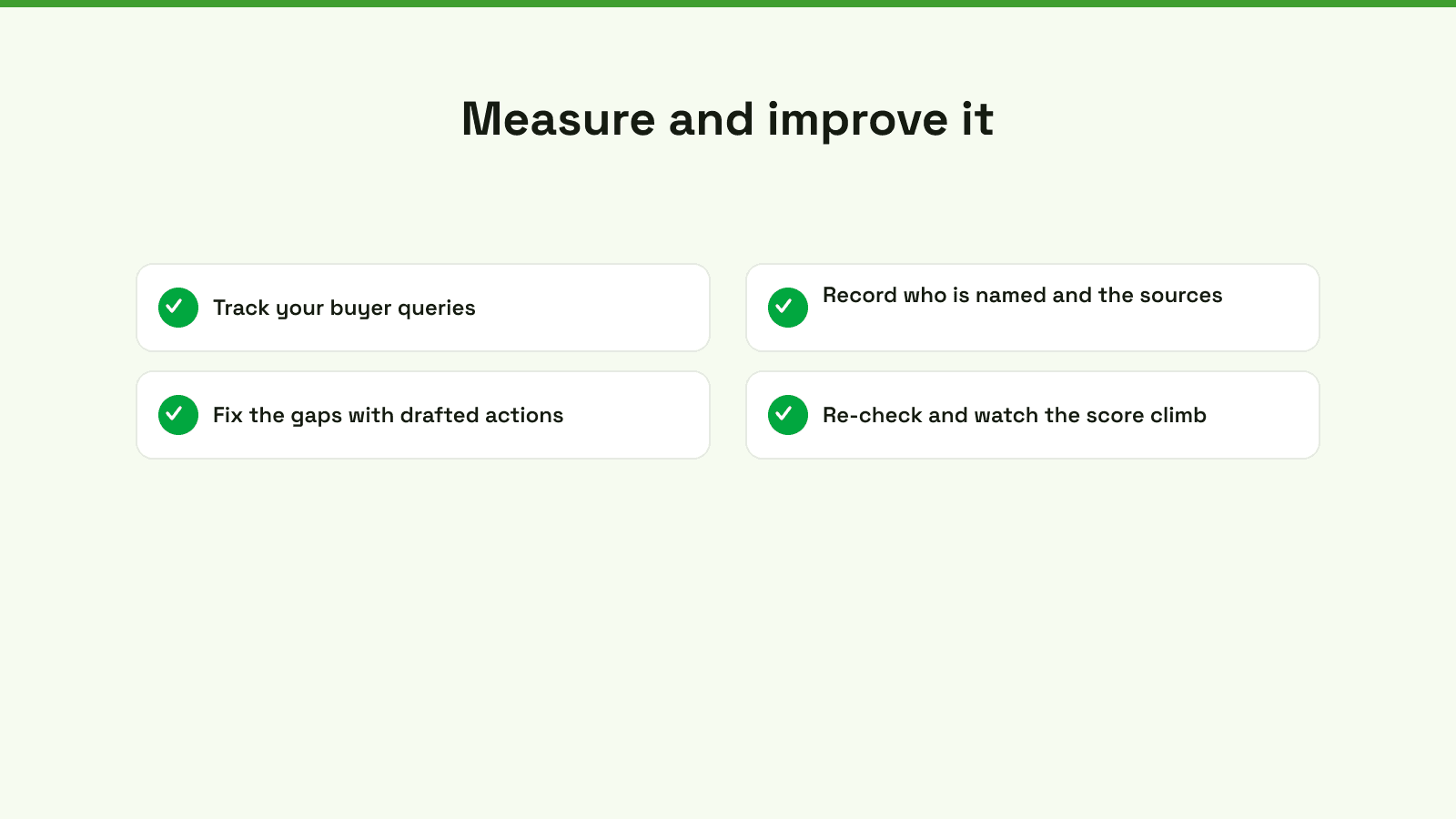 Four steps to measure and improve AI search visibility: track buyer queries, record who is named and the sources, fix the gaps, then re-check.