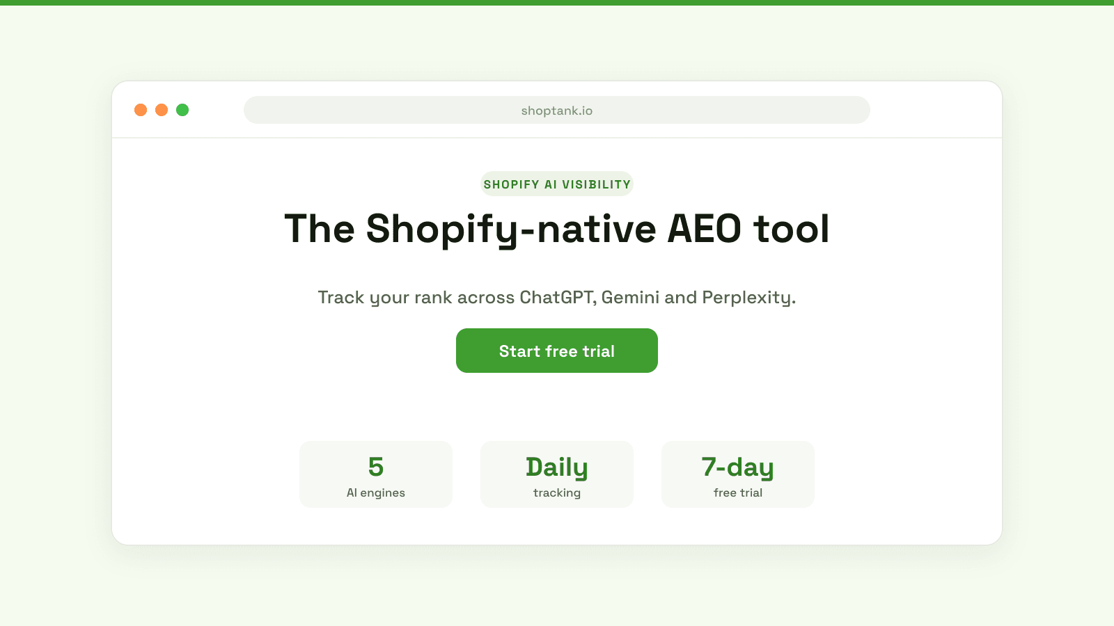 Shoptank, the Shopify-native AEO tool: track your rank across ChatGPT, Gemini and Perplexity, and get the fixes.