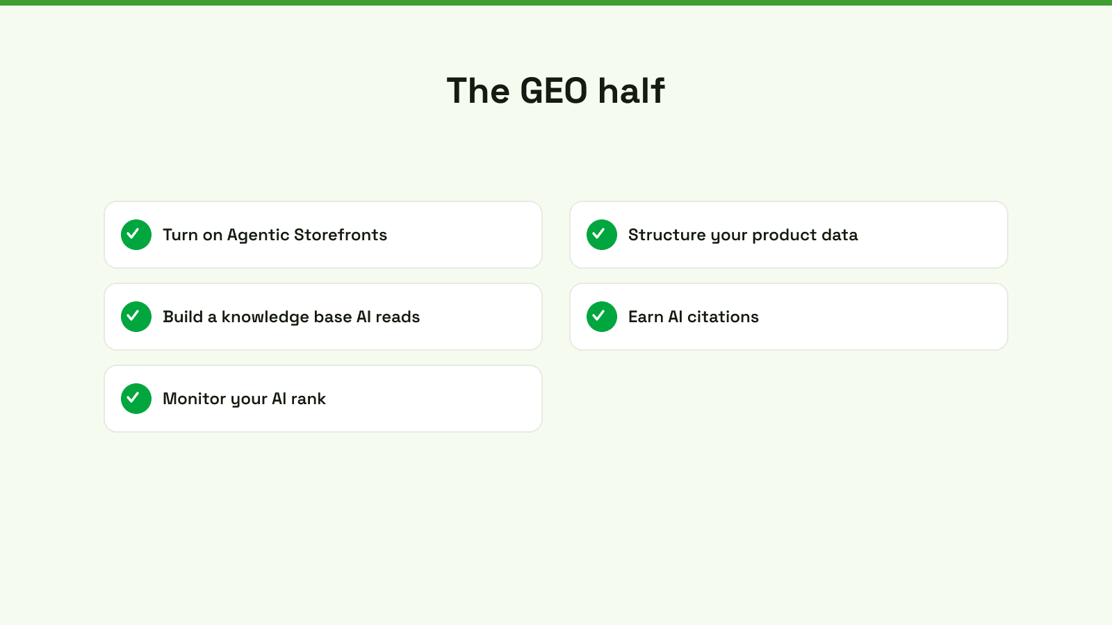 The GEO half: turn on Agentic Storefronts, structure product data, build a knowledge base, earn AI citations, monitor your AI rank.