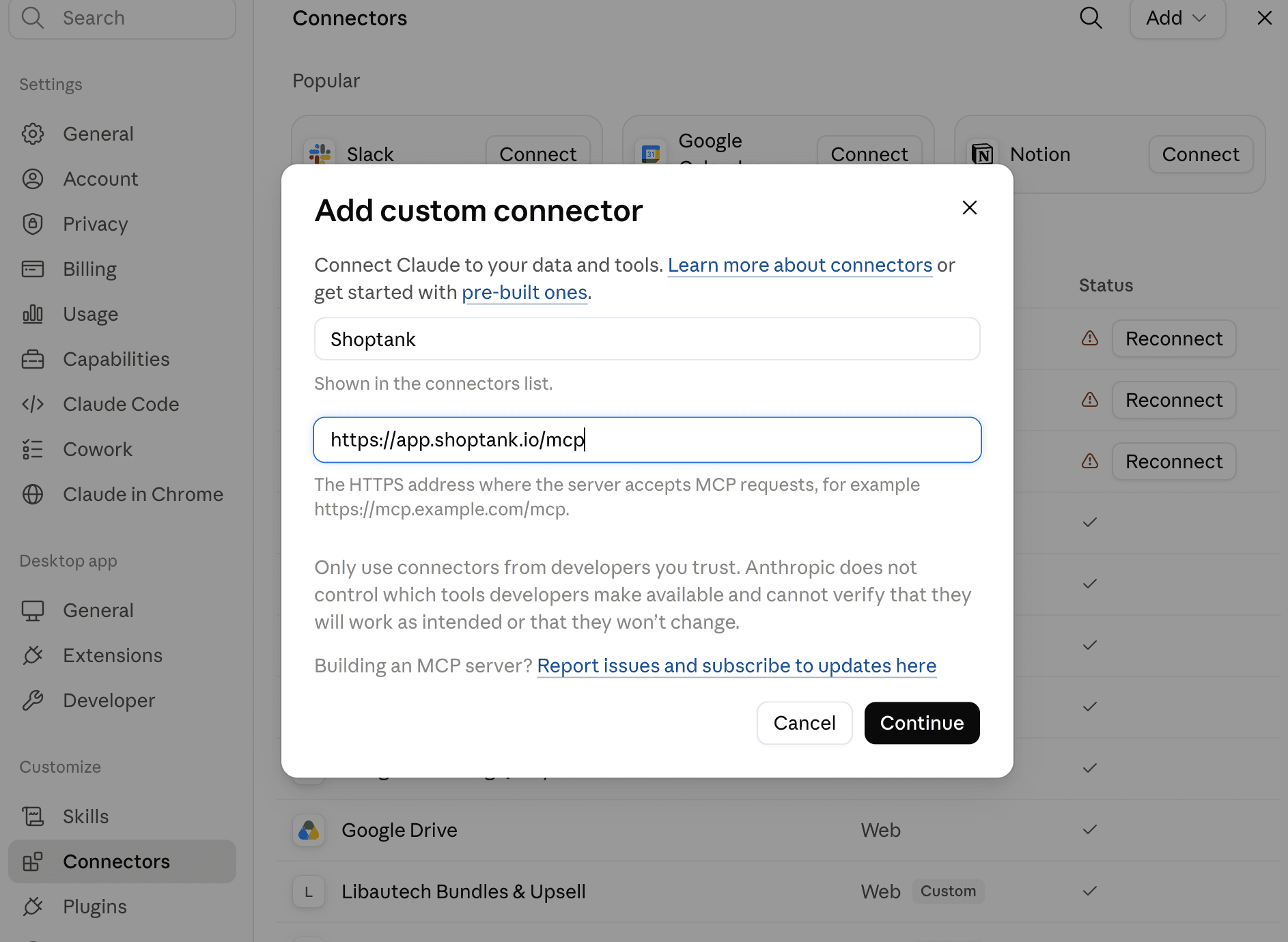 Claude's Add custom connector dialog, reached from Settings, Connectors, Add, Custom connector, with the name Shoptank and the URL https://app.shoptank.io/mcp entered.
