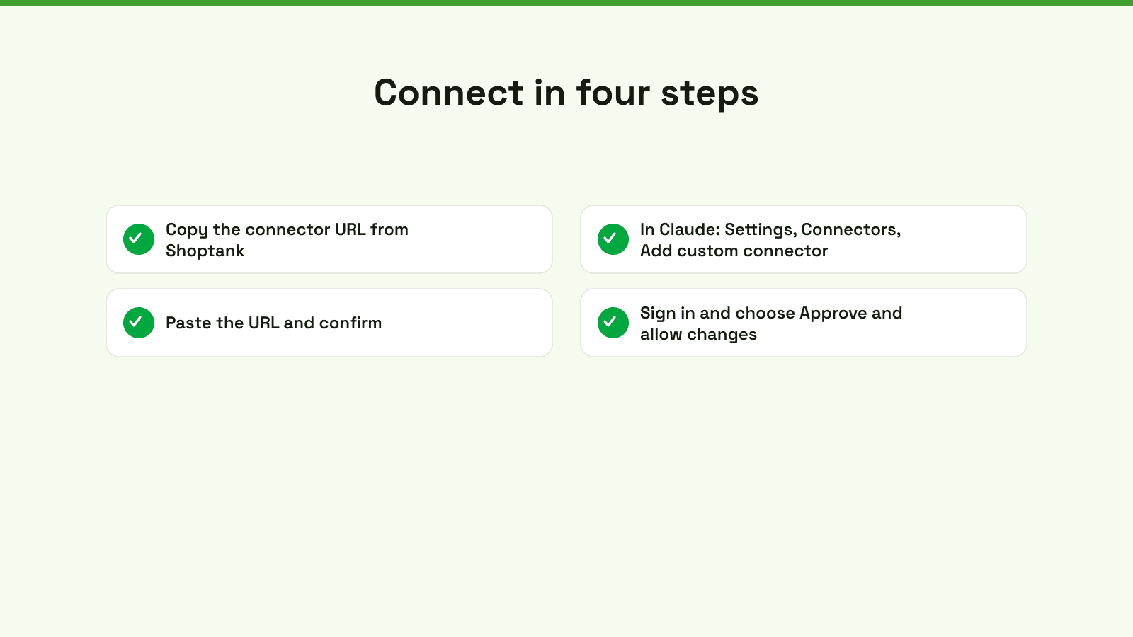 Connect Shoptank to Claude in four steps: copy the connector URL, add a custom connector in Claude settings, paste and confirm, then sign in and approve.