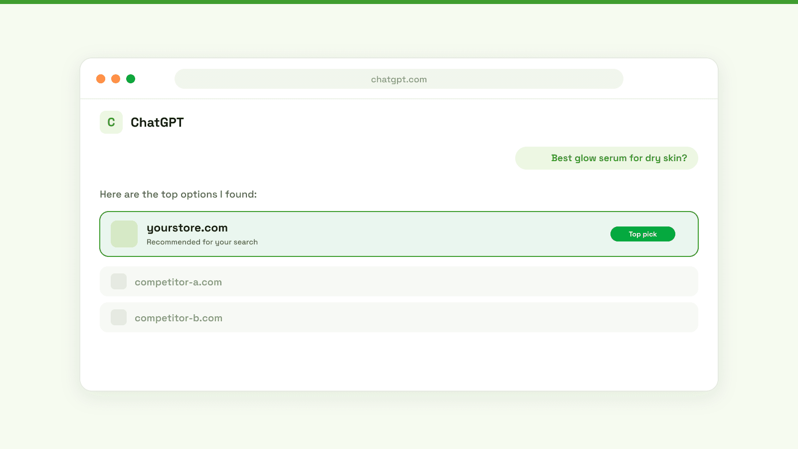 A ChatGPT shopping answer recommending a store as the top pick, which is the goal after you launch.