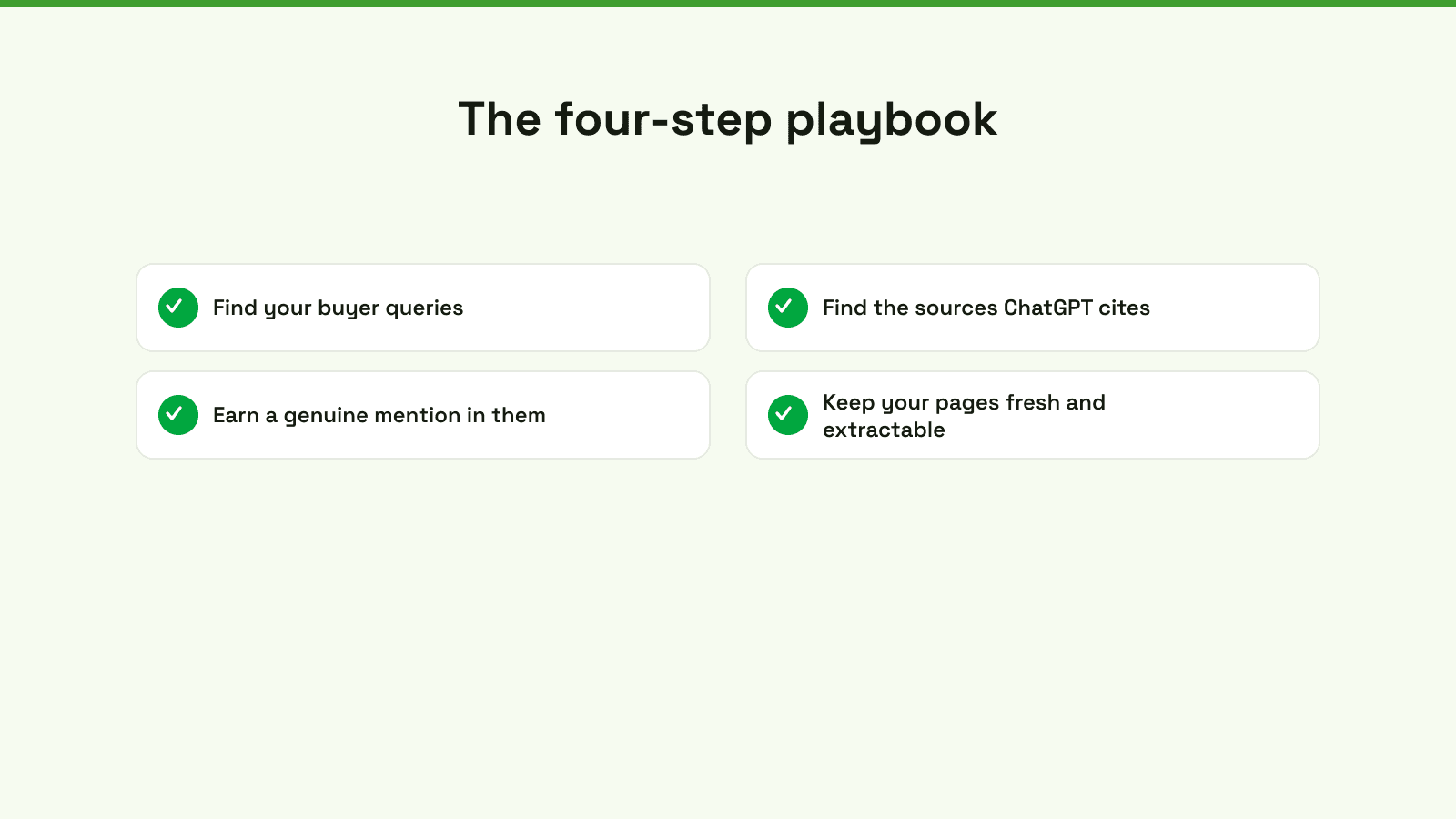 Four steps to get recommended: find your buyer queries, find the sources ChatGPT cites, earn a genuine mention in them, then keep your pages fresh.