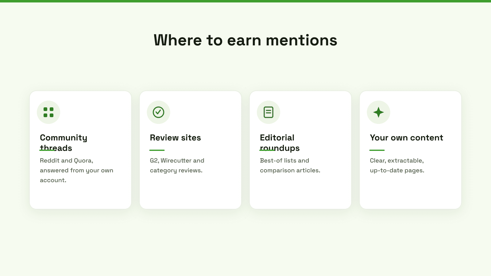 Where to earn mentions: community threads like Reddit, review sites, editorial roundups, and your own extractable content.