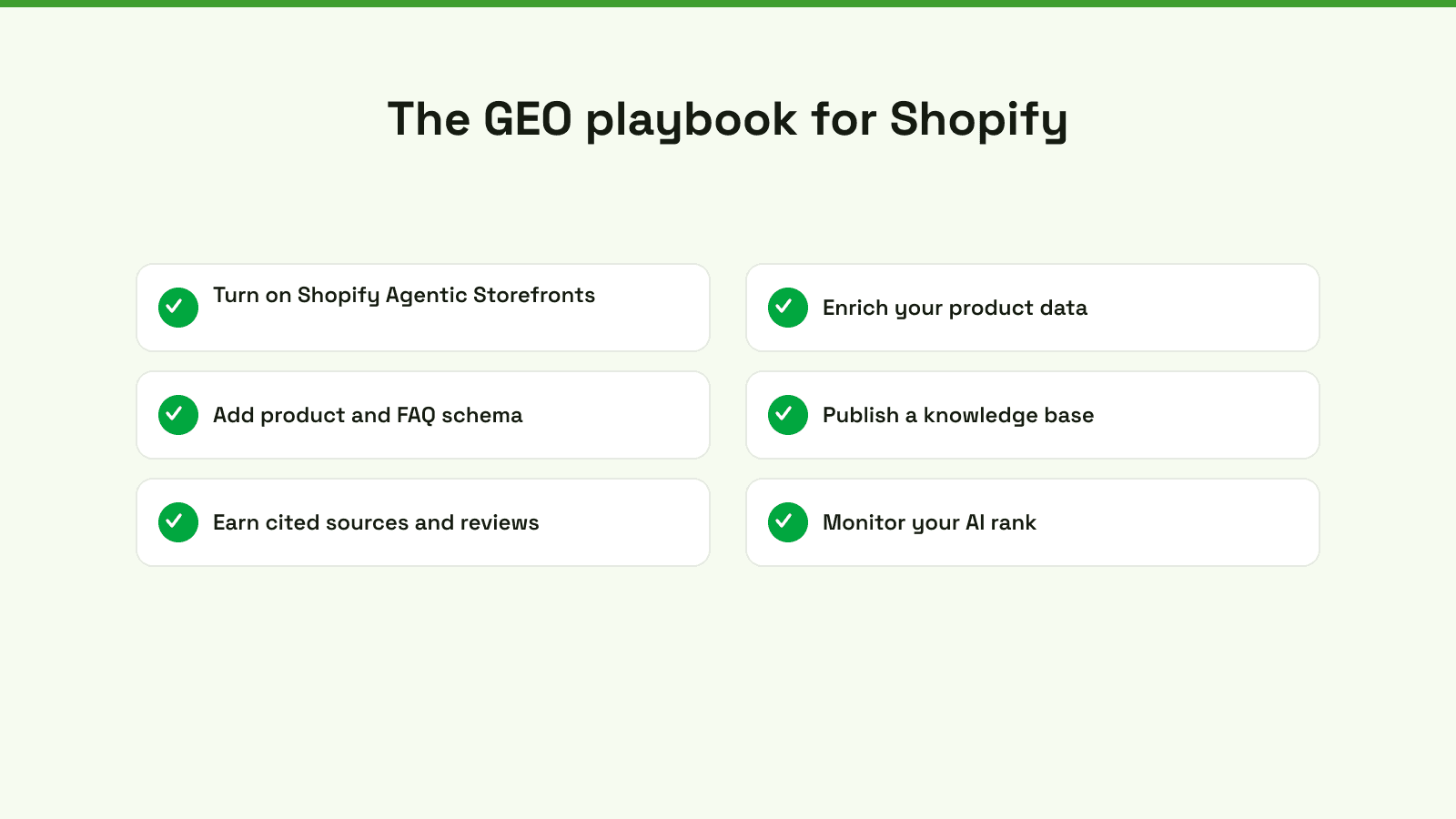 The GEO playbook for Shopify: turn on Agentic Storefronts, enrich data, add schema, publish a knowledge base, earn citations, monitor your AI rank.
