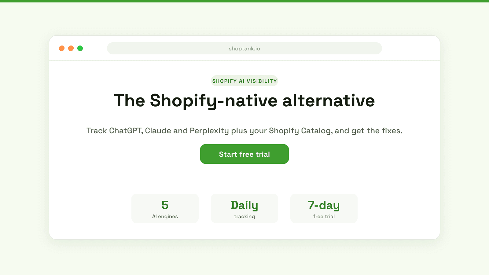 Shoptank, the Shopify-native AI visibility tool: track your rank across ChatGPT, Claude and Perplexity plus your Shopify Catalog, and get the fixes.
