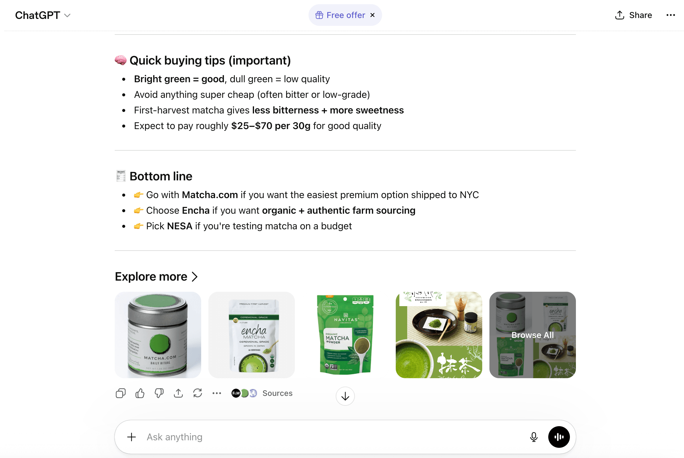 ChatGPT product selector before catalog