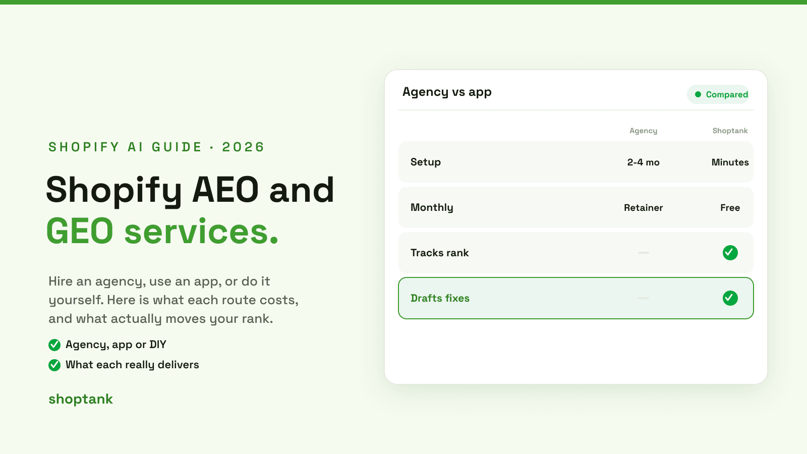Shopify AEO and GEO Services: Agency, App, or DIY? (2026)