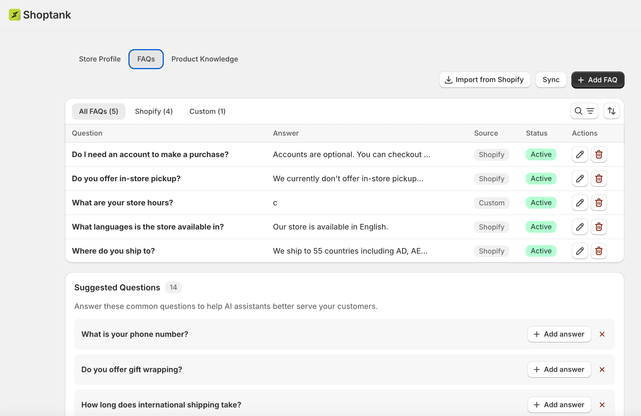 FAQ for Shopify store